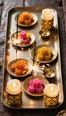 Diwali Flatlay Advertisement Decorative Tray Sparklers Brass Plates Sweets Decorative Candles Warm Ambient Lighting Cozy Joyful Evening Atmosphere