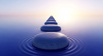 Obraz premium Stone Path to Enlightenment: A serene path of balanced stones, leading towards a radiant sunrise over calm waters, evokes tranquility and spiritual journey. 