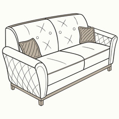 Obraz premium Elegant tufted sofa with decorative pillows and diamond pattern upholstery on armrests in a clean line drawing style