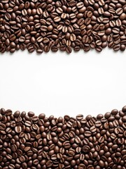 Coffee beans create a border with a white space, isolated, top and bottom view
