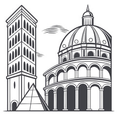 Iconic italian landmarks including florence cathedral dome and giotto s campanile tower in black and white line art style