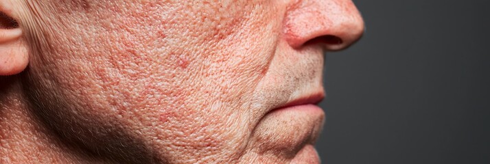 Fototapeta premium A close-up view of an older man's textured skin, highlighting wrinkles and aging effects against a dark background.