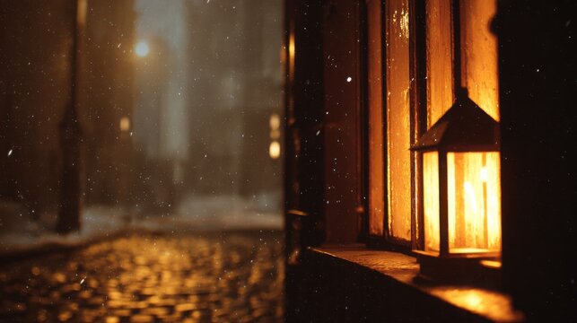 candle lit window in a dark street, warm yellow glow spilling onto wet cobblestones, gentle snowfall, feeling of nostalgia and longing, cinematic