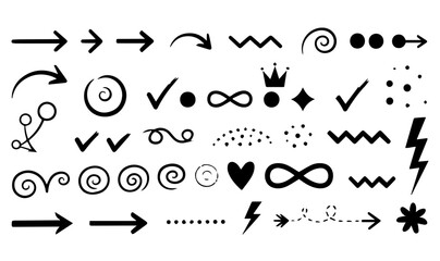 Dynamic collection of hand drawn graphic elements including arrows, checkmarks, swirls, and abstract shapes for modern design projects