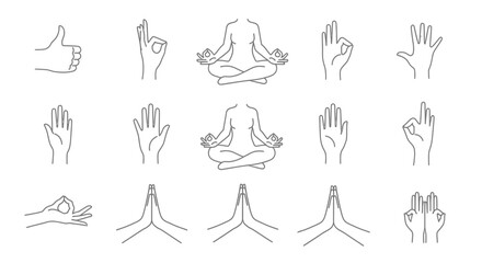 Outlined Hand Gestures and Yoga Poses Representing Various Meanings