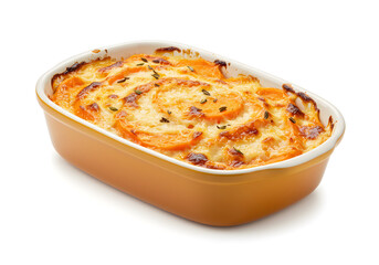 Sweet potato gratin in a baking dish on white background  