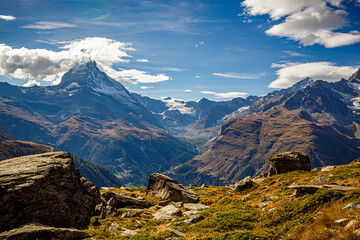 Panoramic view of the Matterhorn and the valley on a sunny autumn day