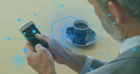 Businessman tapping smartphone and scrolling while blue data nodes forming security overlay - Powered by Adobe