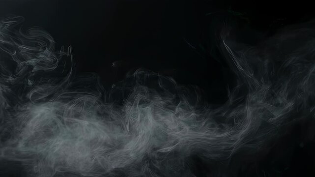 An atmospheric abstract scene features flowing, ethereal wisps of smoke against a dark background