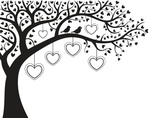 A romantic tree with heart-shaped ornaments and birds, symbolizing love, affection, and nature.