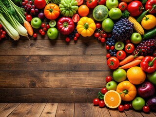 Colorful fruits and vegetables arrangement on wooden surface, healthy eating