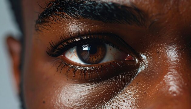 Close-up of a dark-skinned person's eye and eyebrow