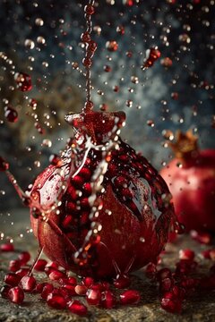 Splash of pomegranate molasses and sumac frozen mid-air against rustic stone background