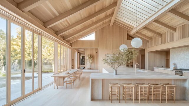 Bright, open-plan wooden home with high ceilings, skylights, kitchen island, and dining area