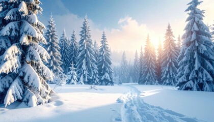 Fototapeta premium Snow-covered forest with path, sun breaking through, crisp winter morning