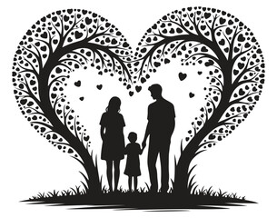 Happy family standing under heart-shaped trees, love, parenting and unity concept, silhouette illustration