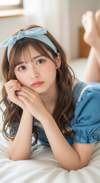 ベッドの上でリラックスするガーリーな女性　ブルーのリボンカチューシャとデニム風ワンピースの可愛いポートレート
