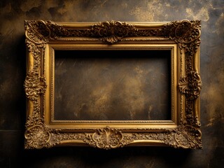 Ornate golden picture frame on textured, dark backdrop. Elegant details and empty space
