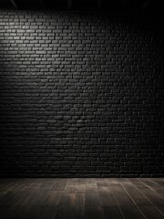 Dark, moody interior. Black brick wall backdrop, wooden floor, and shadow play