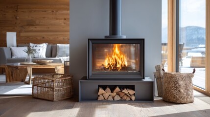 Contemporary wood burning stove with fire inside, minimalist mountain cabin interior, warm cozy vibe