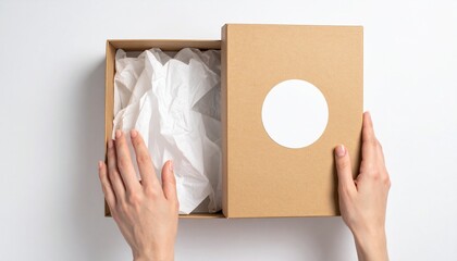 Hands carefully opening a simple cardboard gift box lined with soft white tissue paper, ready for personalization or product display