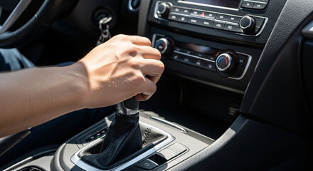 Shifting Gears: A close-up shot showcases a person's hand confidently maneuvering the gear shift in a vehicle. Focus on control, precision, and the act of driving.