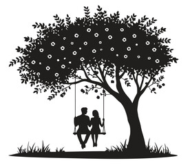 Romantic couple sitting on swing under tree, silhouette illustration of love, relationship and togetherness