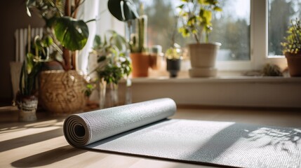 Yoga mat by window with soft sunlight, minimalist room, indoor plants, lifestyle wellness photography, peaceful and serene home exercise space.