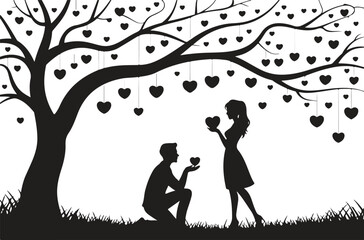 Romantic couple under tree with hanging hearts, man proposing to woman, love and relationship scene
