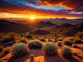 Desert sunset over mountains, cacti, and a winding road. Vibrant orange sky