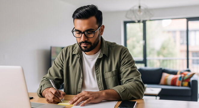 Focused Work from Home: A man intently focused, engaged in the task, writing on a notepad at his desk, embracing remote work in the home office setting.