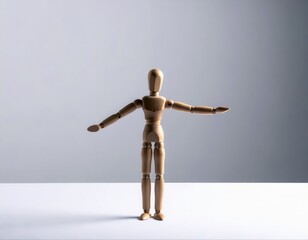 Wooden artist model standing with open arms