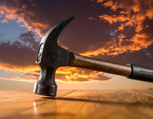 Hammer tool on wooden surface under dramatic sunset
