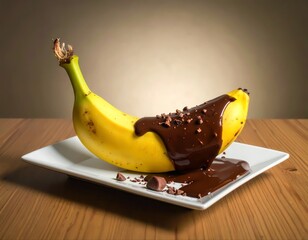 Banana with melting chocolate dessert and cacao nibs