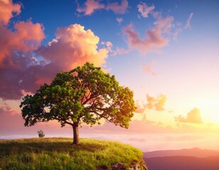 Solitary tree standing on a hill at sunset
