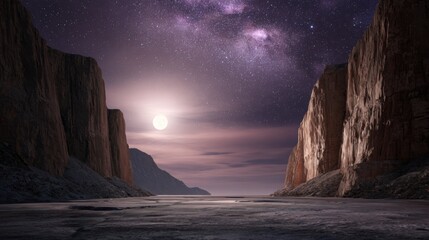 deep canyon under star filled sky, Milky Way visible, soft moonlight illuminating cliffs, ultra realistic textures, cinematic epic landscape, awe