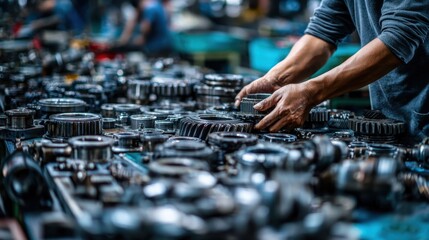 Medium frame of an expert sorting through various automatic transmission parts on a cluttered table with the foreground element sharply defined against a blurred backdrop.