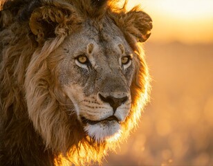 Male lion portrait staring into golden sunset light