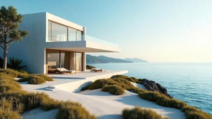 Fototapeta premium Modern Minimalist Seascape Home Design Oceanfront Luxury Villa with Panoramic Views and Tranquil Landscaping