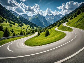 Winding road ascends through lush green mountains. Sunny day with dramatic clouds