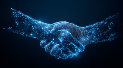 Dynamic digital handshake symbolizing successful global business partnerships and innovative technology connections
