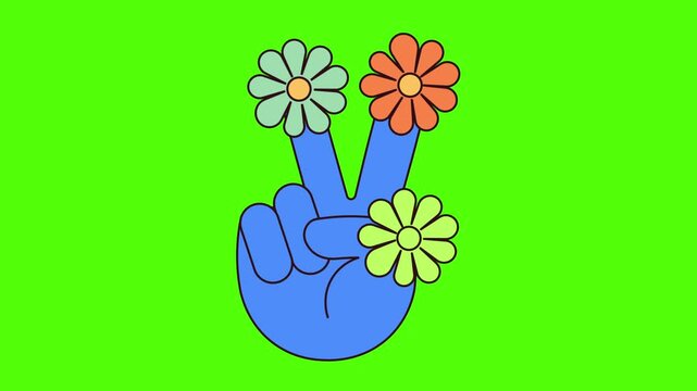 Peace Sign Hand with Flowers Illustration 60s 70s Style Retro Hippie Flower Power Graphic Design Symbol Cartoon Green