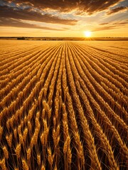 Golden wheat field at sunset. Sun shining over rows of crops