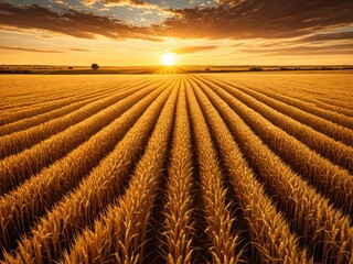 Golden wheat field under a warm sunset. Diagonal rows lead to sun. Sky is orange