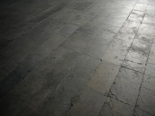 Diagonal shot of a weathered, stone-tiled floor with shadows and texture