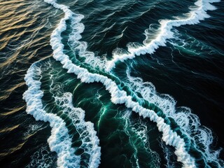Aerial ocean view of waves, showing foamy crests, teal and dark waters