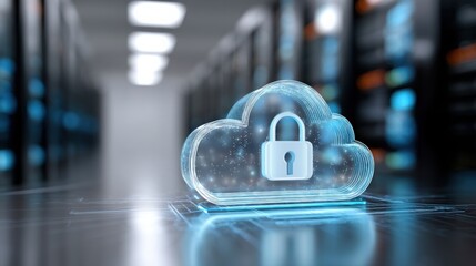 digital padlock inside a cloud icon glowing above blurred data center, concept of cloud security and privacy
