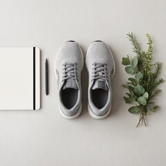 Minimalist flat lay of running shoes, a notebook, and fresh greens with no gadgets