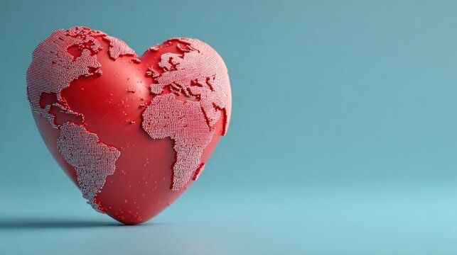 Red heart shaped world globe on a blue background with copy space