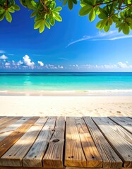 Fototapeta premium Idyllic beach scene with white sand, turquoise water, blue sky and wooden foreground